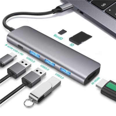 China Desktop 7 in 1 Aluminum USB3.1 USB-C Type C to USB HD-MI SD TF Card Reader Type-C Hub for sale