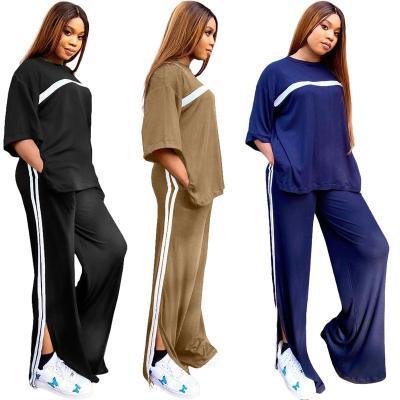 China Wholesale Breathable Ladies Two Piece Pants Set Stripe Spliced ​​Wide Leg Pants Autumn Casual Outfit Plus Size Women Clothes Joggers Tracksuit for sale