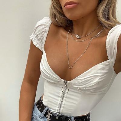 China Anti-wrinkle design female latest fashion slim short sleeve tops sexy v neckline zipper crop front tops for sale