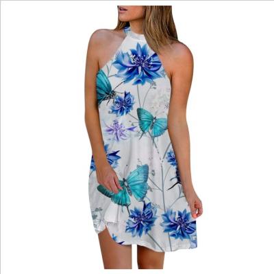 China Anti-wrinkle Women Beach Loose Backless Dress Off The Shoulder Halter Floral Dress for sale