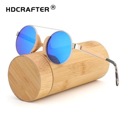 China 2022 Fashion Sunglasses HDCRAFTER Colored Vintage Alloy Wood Sunglasses Polarized Custom Lenses Round Fashion Tea Gradient Glasses for sale