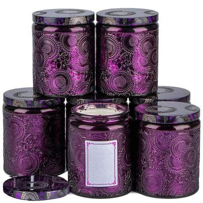 China Home Decoration Hot Selling Embossed Glossy Glass Jar For Candle Making With Lid for sale