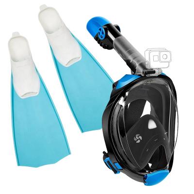 China Raincoat ; Factory Supply Rotatable Professional 360 Degree Snorkle Equipment Snorkeling Diving Mask Set Silicone Anti Fog Full Face Snorkel Mask With Fins Set for sale