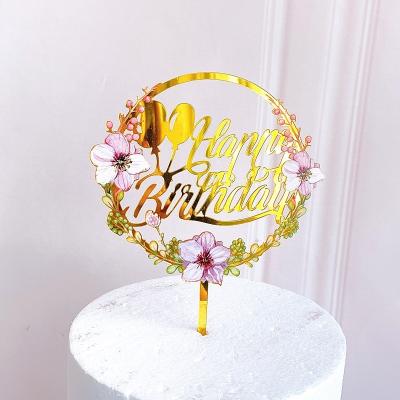 China Custom Cute Gold Cupcake Accessories Happy Birthday Acrylic Flower Printed Cake Topper For Cake Decorating Party Supplies for sale