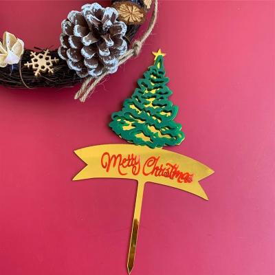 China New Cute Hot Sale Factory Cute Hot Sale New Factory Cute Glitter Gold Metal Decor Tree Dessert Home Ornament Festival Red Green Acrylic Cake Topper for sale