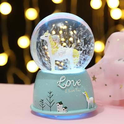 China Unique 65 80 100mm Horse Snowglobe Resin Animal Gift Music Snow Glass Inflatable Water Light Funny Cute Crystal Cute Ball for sale