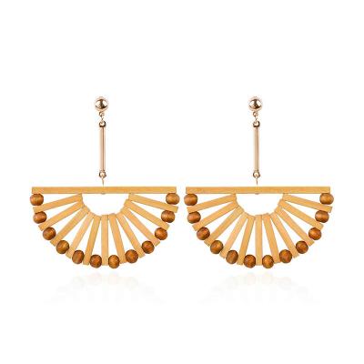 China New Vintage Jewelry Ethnic Fan Shaped 18K Gold Plated Long Wooden Earrings For Women Beach Holiday for sale