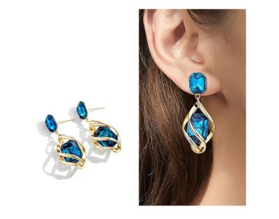 China Popular Mirror Finish Fashion Jewelry 14K Gold Plated Blue Gemstone Bar Beach Stone Earring for sale