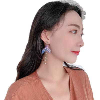 China Hand Inlaid Light Purple Alloy Gold Plated 925 Silver Stiletto Fishtail Earrings For Women for sale