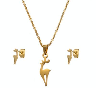 China Cute CLASSIC Women Stainless Steel 18K Gold Deer Necklace Earrings Jewelry Set for sale