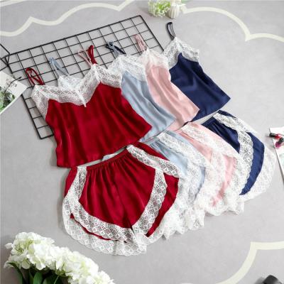 China Summer Sling Pajamas Breathable Home Service Women Lace Up Pajamas Sleepwear Two Piece Set for sale