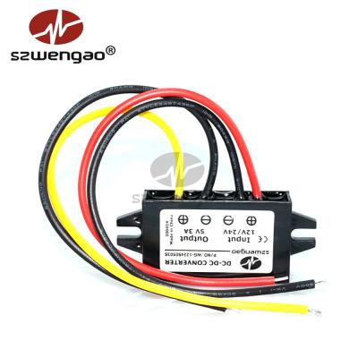 China New Design 12V 24V to 5V 3A 15W DC Step Down Converter Car LED Power Supply with Reversing Polarity 63*32*18mm for sale