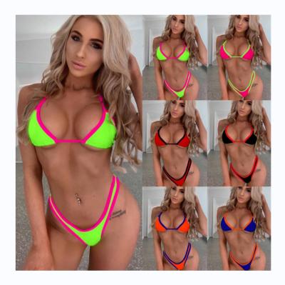 China Contrast Color Breathable Two Piece Sexy Three Point Block No Wire Padded Free Reversible Bikini Ties High Split Body Cut Swimwear for sale