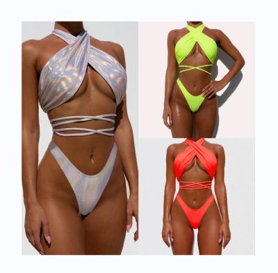 China Fashion Show Breathable Mini Crossed Bikini Bling High Micro Two Piece Cut Reflective Bikini Set Women Swimwear for sale