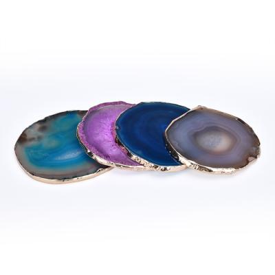 China Europe Natural Polished Crystal Agate Stone Coaster Round Agate Slices With Gold Rim For Coffee for sale