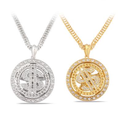 China Hiphop Hiphop 18k Gold Plated Coated Jewelry Necklace Chain Roll With Pendant For 30 Inch Tall Mens Rotatable Dollar Sign Necklaces for sale