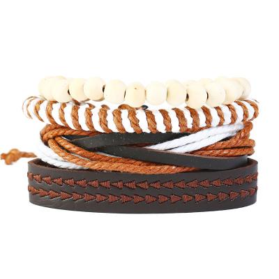 China 2019 Retro New Vintage Woven Simple Cowhide DIY Bracelet 4 Piece Suit Leather Wristband for sale