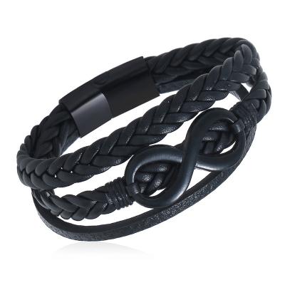 China Europe and America Stainless Steel Black Magnetic Buckle Bracelet Leather Alloy Plated 8 PU Black Bracelet Men's Jewelry 2020 New Jewelry for sale