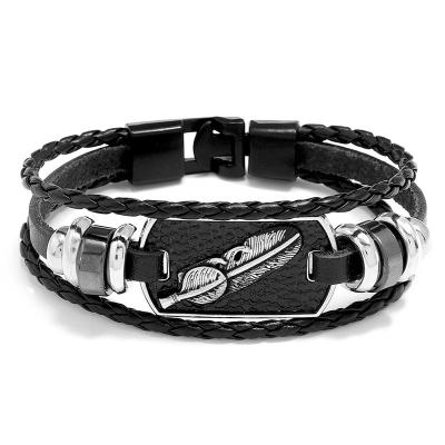 China Europe and America fashion men's bracelet multilayer leather bracelet high-grade braided leather wholesale metal feather bracelet for sale