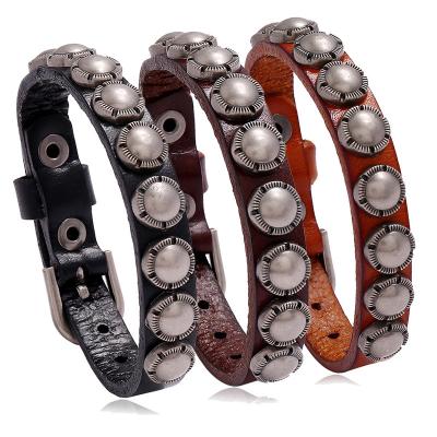 China Wholesale Genuine Leather Jewelry Cowhide Punk Style Vintage Stud Rivet Bracelet Men's Belt Buckle Bracelet for sale