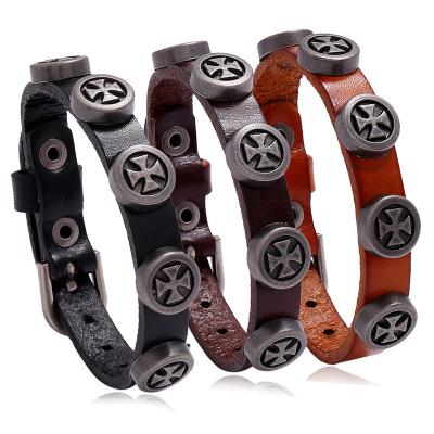 China Hot Selling Vintage Men's Vintage Jewelry Cross Bracelet Genuine Leather Handmade Genuine Leather Bracelet for sale