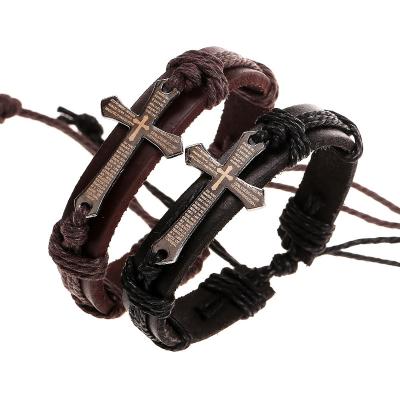 China Restoring Ancient Ways Hot Sale Alloy Bible Scriptures Cross Bracelet Leather Handwoven Jesus Christ Cross Bracelet For Men for sale