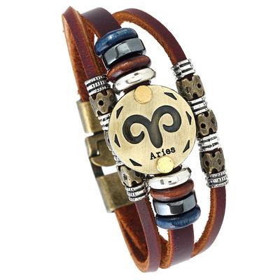 China 12 Zodiac Alloy Vintage Handmade Beaded Cowhide Bracelet Simple Originality Jewelry for sale