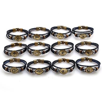 China 12 Vintage Woven Leather Bracelets Simple Leather Handmade Punk Horoscope Zodiac Wholesale Custom Men's Bracelets for sale