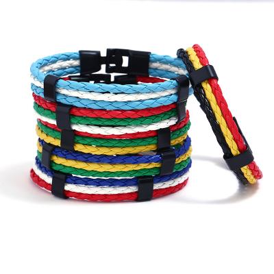 China Vintage World Cup National Flag Wristbands Woven Leather Bracelet Charm For Football Sports Fans Metal Clasp Customized Wristband for sale