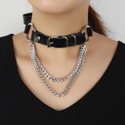 China Wholesale Punk Metal Chain Goth Necklace Black Leather Scarf For Women Jewelry Club Buckle Link High Quality Sexy Necklace for sale