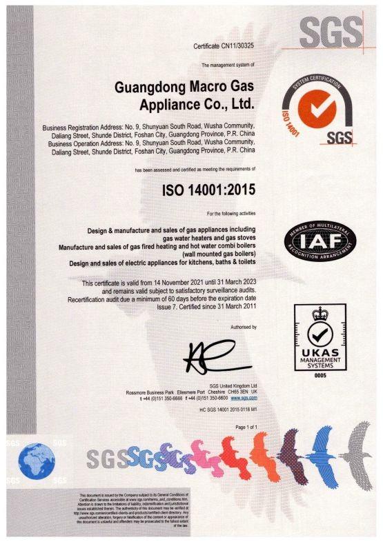 ISO14001 - Guangdong Macro Gas Appliance Co., Ltd.