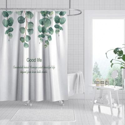 China Sustainable Nordic Green Leaves Shower Curtain Art Bathroom Fabric Waterproof Polyester Bath Curtain With Hooks for sale