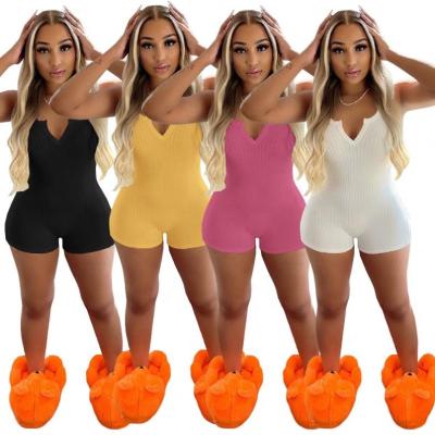 China 2021 Summer Breathable One Piece Jumpsuit Fitted V-Neck Romper Yoga Slim Breathable Overalls Shorts Overalls For Women for sale