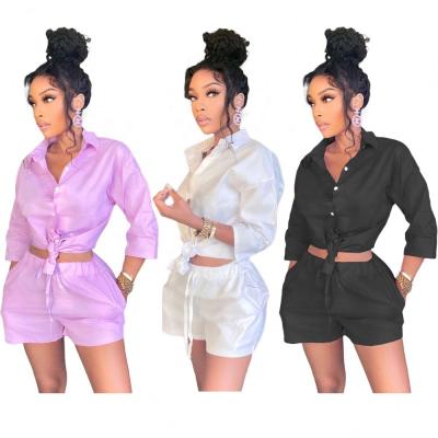 China New Solid Color Breathable Breathable Button Down Shirt Suit Long Sleeve Tops For Women Clothes Shorts Summer 2 Piece Set for sale