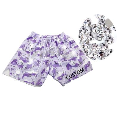 China custom Anti-wrinkle custom hops hip hop sublimation hip hop mesh university mesh polyester mesh men Anti-wrinkle custom white rhinestone layers purple multi coloful shorts -panties for sale