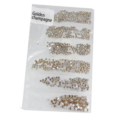 China Non-hot Art Rhinestones Diy Mixed Sizes Gold Champagne 3D Nail Back Fix Flatback 6Set Flat for sale