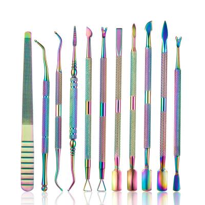 China 11 PCS Finger Double Side Gradient Nail Care Set Cuticle Pusher Fork Nail File Nail Polisher Knife Cuticle Remover for sale