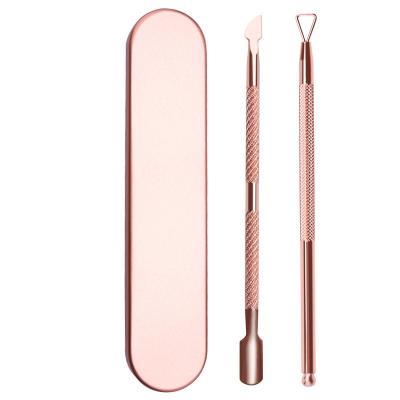 China 2 PCS Rose Gold Stainless Steel Finger Skin Cutter Cuticle Remover Nail Art Pusher Tool Cuticle Peeler Finger Cuticle Remover Set for sale