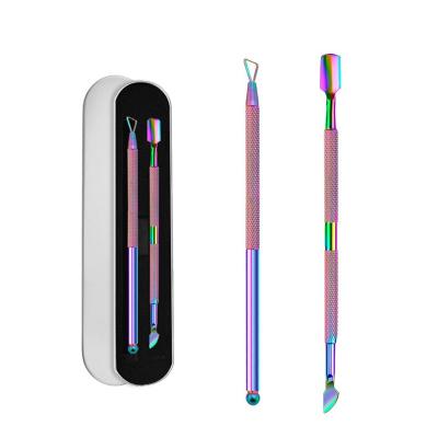 China Finger 2 PCS Gradient Cuticle Remover Set Stainless Steel Finger Skin Cutter Nail Art Pusher Tool Cuticle Peeler Dead Scraper for sale