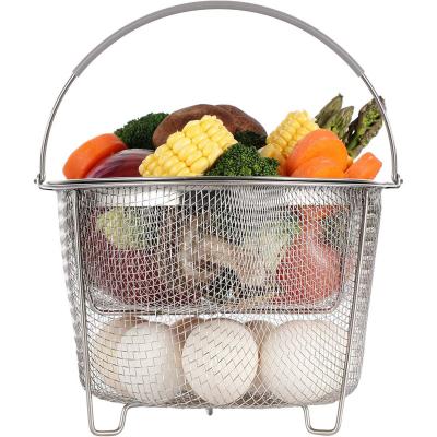 China Sustainable 8 Inch Stainless Steel Steamer Basket for Instant-Pot Accessories, 2 Tier Stackable Mesh Strainer Basket with Silicone Handle for sale