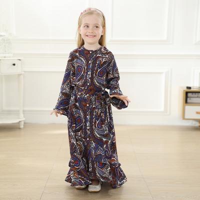 China Modest Muslimah Styling 2021 Muslim children fashion print stitching horn long sleeved full button slim kids muslim dress for sale