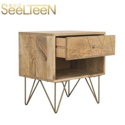 China Modern Modern Wood Bedroom Table Two Drawer End Bedside Display Iron Base Smart Night Stand for sale