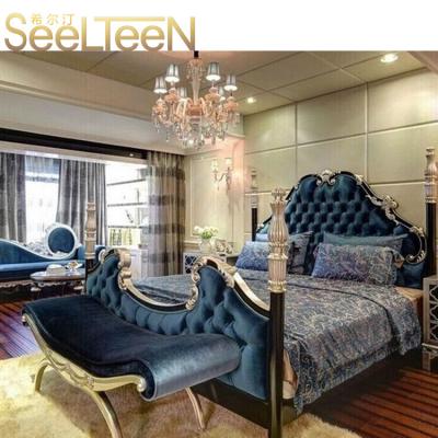 China Modern Royal Customized Hotel Bedroom Furniture Carved Solid Wood Bed for sale