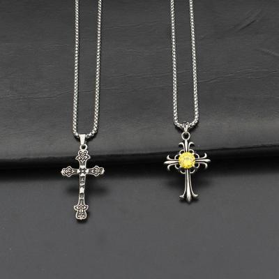 China High Quality Silver Cross Yellow Zircon Pattern Carving Stainless Steel Two Styles Pendant Necklace for sale