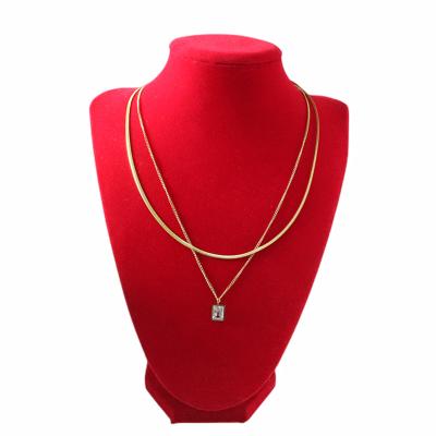 China Stainless Steel 18K Gold Texture Punk Light Luxury Double Layered Cubic Zirconia Square Choker Necklace for sale