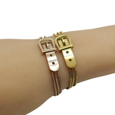 China Hiphop Belt Buckle Gold Plated Bracelet For Women Stainless Steel Adjustable Wristband for sale