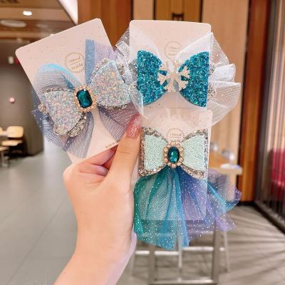 China Hair Cut Crystal Mesh Girl Headdress Flower Bow Ribbon Hair Clip Blue Kids Hair Accessories New Girls Hairpin for sale