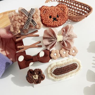 China Hair Clip Fashion Children Cloth Bear New Bow 9 Pcs / Set Sweet Hair Clip Set Cute Cartoon Hairpin Coffee Color Princess Headdress for sale