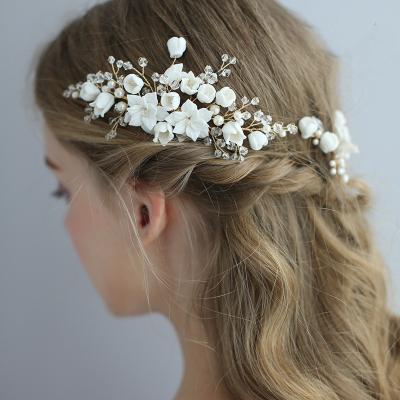 China Hair Accessories Women Prom Party Handmade Ceramic Flower Hairpin Bridal Hair Clip Crystal Headpiece Wedding Hair Accessories for sale