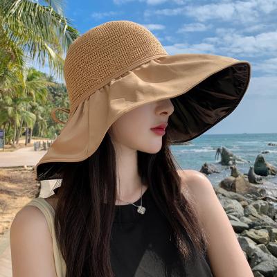 China 2022 new summer striped big long black rubber sunshade fisherman hat bow beach hat women for sale